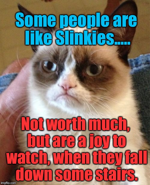 Grumpy Cat Meme | Some people are like Slinkies..... Not worth much, but are a joy to watch, when they fall down some stairs. | image tagged in memes,grumpy cat | made w/ Imgflip meme maker