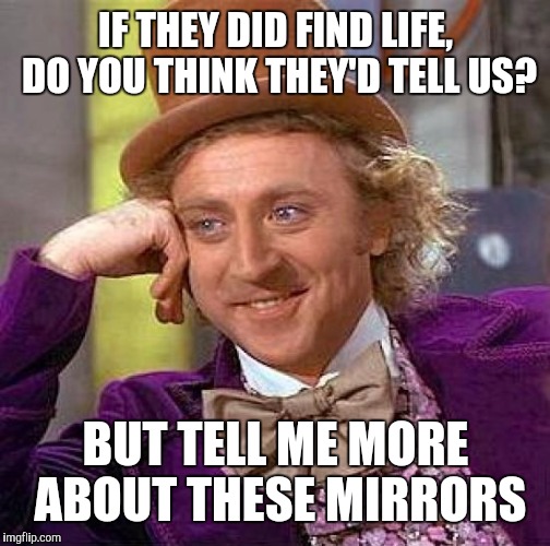 Creepy Condescending Wonka Meme | IF THEY DID FIND LIFE, DO YOU THINK THEY'D TELL US? BUT TELL ME MORE ABOUT THESE MIRRORS | image tagged in memes,creepy condescending wonka | made w/ Imgflip meme maker