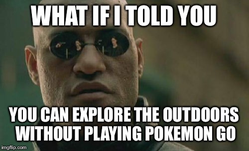 Matrix Morpheus Meme | WHAT IF I TOLD YOU; YOU CAN EXPLORE THE OUTDOORS WITHOUT PLAYING POKEMON GO | image tagged in memes,matrix morpheus | made w/ Imgflip meme maker