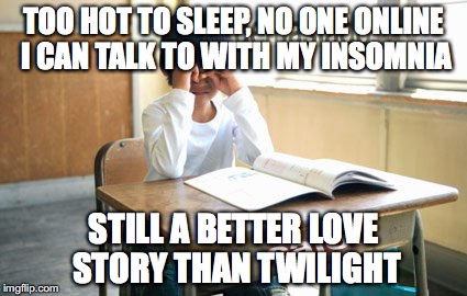 Heat | TOO HOT TO SLEEP, NO ONE ONLINE I CAN TALK TO WITH MY INSOMNIA; STILL A BETTER LOVE STORY THAN TWILIGHT | image tagged in insomnia | made w/ Imgflip meme maker