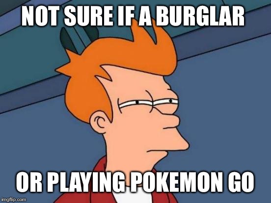 Futurama Fry | NOT SURE IF A BURGLAR; OR PLAYING POKEMON GO | image tagged in memes,futurama fry | made w/ Imgflip meme maker