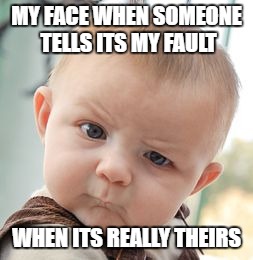 Skeptical Baby Meme | MY FACE WHEN SOMEONE TELLS ITS MY FAULT; WHEN ITS REALLY THEIRS | image tagged in memes,skeptical baby | made w/ Imgflip meme maker
