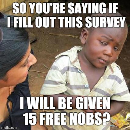 Third World Skeptical Kid Meme | SO YOU'RE SAYING IF I FILL OUT THIS SURVEY; I WILL BE GIVEN 15 FREE NOBS? | image tagged in memes,third world skeptical kid | made w/ Imgflip meme maker