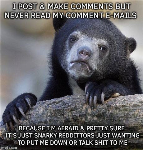 Confession Bear | I POST & MAKE COMMENTS BUT NEVER READ MY COMMENT E-MAILS; BECAUSE I'M AFRAID & PRETTY SURE IT'S JUST SNARKY REDDITTORS JUST WANTING TO PUT ME DOWN OR TALK SHIT TO ME | image tagged in memes,confession bear | made w/ Imgflip meme maker