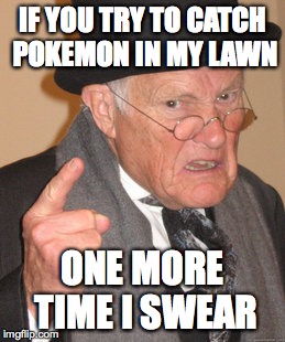 TodaysReality gave me the idea to do this meme, its similar to one of his but not exact | IF YOU TRY TO CATCH POKEMON IN MY LAWN; ONE MORE TIME I SWEAR | image tagged in memes,back in my day | made w/ Imgflip meme maker