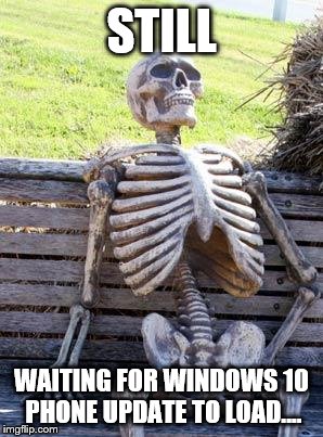 Waiting Skeleton Meme | STILL; WAITING FOR WINDOWS 10 PHONE UPDATE TO LOAD.... | image tagged in memes,waiting skeleton | made w/ Imgflip meme maker