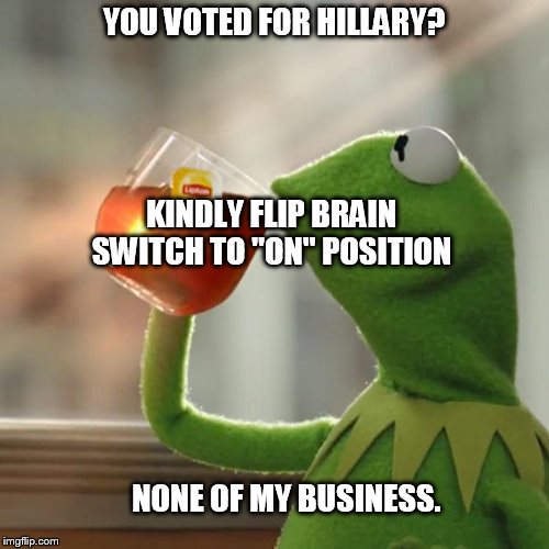 But That's None Of My Business Meme | YOU VOTED FOR HILLARY? NONE OF MY BUSINESS. KINDLY FLIP BRAIN SWITCH TO "ON" POSITION | image tagged in memes,but thats none of my business,kermit the frog | made w/ Imgflip meme maker