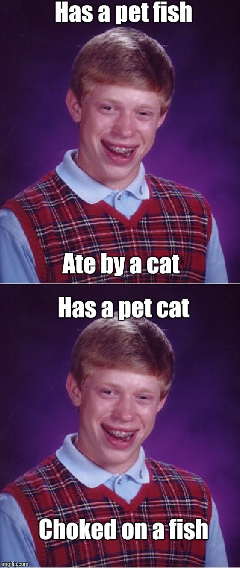 Bad Luck Brian | Has a pet fish; Ate by a cat; Has a pet cat; Choked on a fish | image tagged in bad luck brian,trhtimmy | made w/ Imgflip meme maker