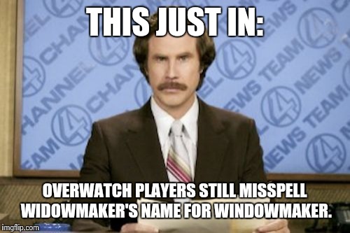 Ron Burgundy Meme | THIS JUST IN:; OVERWATCH PLAYERS STILL MISSPELL WIDOWMAKER'S NAME FOR WINDOWMAKER. | image tagged in memes,ron burgundy | made w/ Imgflip meme maker