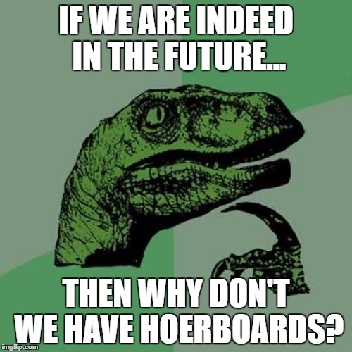 Philosoraptor Meme | IF WE ARE INDEED IN THE FUTURE... THEN WHY DON'T WE HAVE HOERBOARDS? | image tagged in memes,philosoraptor | made w/ Imgflip meme maker