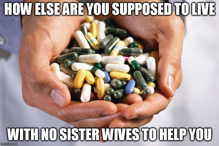 Pills for when no polygamy |  HOW ELSE ARE YOU SUPPOSED TO LIVE; WITH NO SISTER WIVES TO HELP YOU | image tagged in pills here,sister wives,polygamy,pharma,pills | made w/ Imgflip meme maker