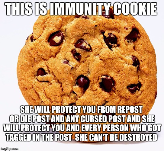 THIS IS IMMUNITY COOKIE; SHE WILL PROTECT YOU FROM REPOST OR DIE POST AND ANY CURSED POST AND SHE WILL PROTECT YOU AND EVERY PERSON WHO GOT TAGGED IN THE POST  SHE CAN'T BE DESTROYED | image tagged in cookie,immunity | made w/ Imgflip meme maker