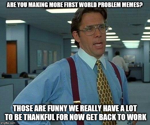 That Would Be Great Meme | ARE YOU MAKING MORE FIRST WORLD PROBLEM MEMES? THOSE ARE FUNNY WE REALLY HAVE A LOT TO BE THANKFUL FOR NOW GET BACK TO WORK | image tagged in memes,that would be great | made w/ Imgflip meme maker