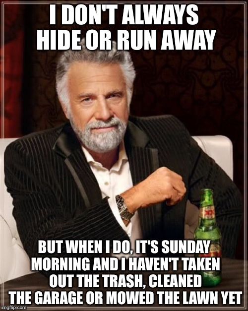 The Most Interesting Man In The World Meme | I DON'T ALWAYS HIDE OR RUN AWAY BUT WHEN I DO, IT'S SUNDAY MORNING AND I HAVEN'T TAKEN OUT THE TRASH, CLEANED THE GARAGE OR MOWED THE LAWN Y | image tagged in memes,the most interesting man in the world | made w/ Imgflip meme maker