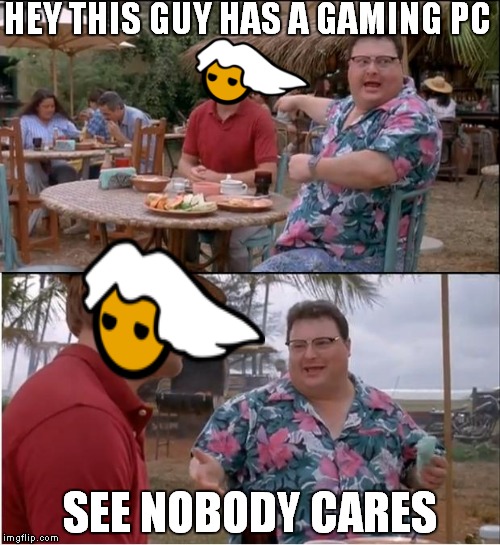 See Nobody Cares Meme | HEY THIS GUY HAS A GAMING PC; SEE NOBODY CARES | image tagged in memes,see nobody cares | made w/ Imgflip meme maker