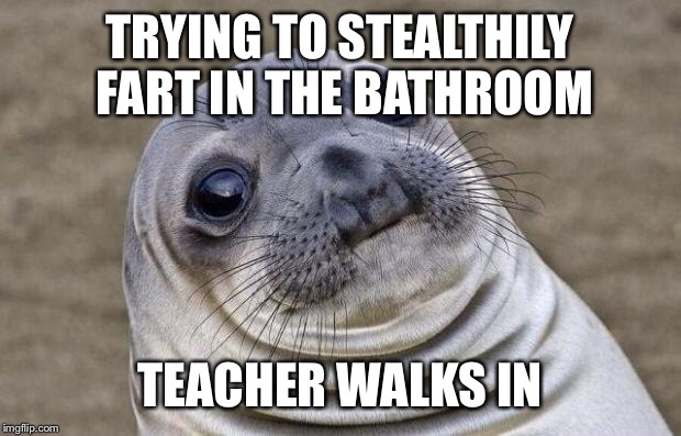 Awkward Moment Sealion | TRYING TO STEALTHILY FART IN THE BATHROOM; TEACHER WALKS IN | image tagged in memes,awkward moment sealion | made w/ Imgflip meme maker