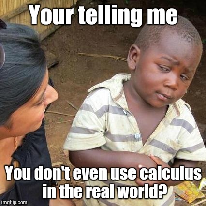 Third World Skeptical Kid Meme | Your telling me You don't even use calculus in the real world? | image tagged in memes,third world skeptical kid | made w/ Imgflip meme maker