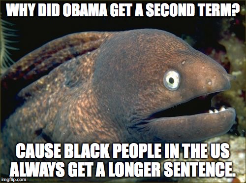 Bad Joke Eel | WHY DID OBAMA GET A SECOND TERM? CAUSE BLACK PEOPLE IN THE US ALWAYS GET A LONGER SENTENCE. | image tagged in memes,bad joke eel | made w/ Imgflip meme maker