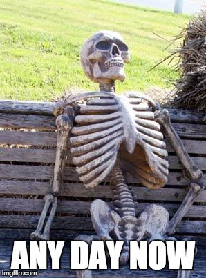 Waiting Skeleton Meme | ANY DAY NOW | image tagged in memes,waiting skeleton,AdviceAnimals | made w/ Imgflip meme maker