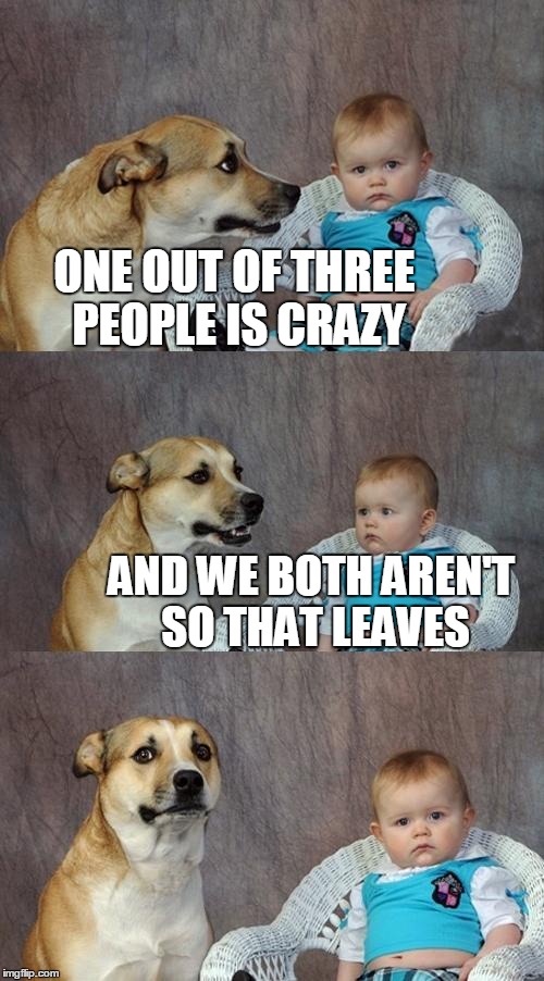 Dad Joke Dog | ONE OUT OF THREE PEOPLE IS CRAZY; AND WE BOTH AREN'T SO THAT LEAVES | image tagged in memes,dad joke dog | made w/ Imgflip meme maker