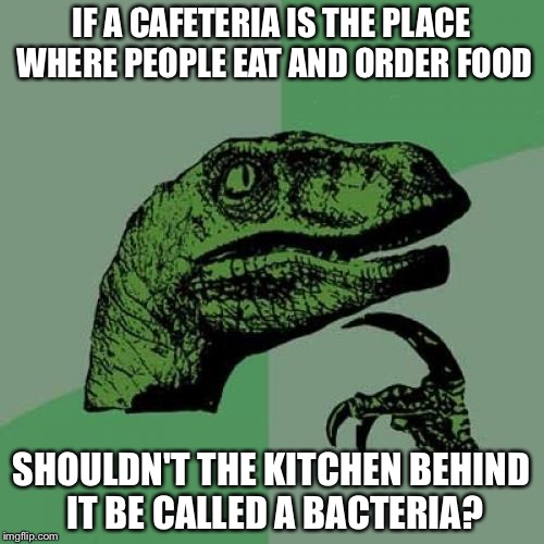 Philosoraptor | IF A CAFETERIA IS THE PLACE WHERE PEOPLE EAT AND ORDER FOOD; SHOULDN'T THE KITCHEN BEHIND IT BE CALLED A BACTERIA? | image tagged in memes,philosoraptor | made w/ Imgflip meme maker