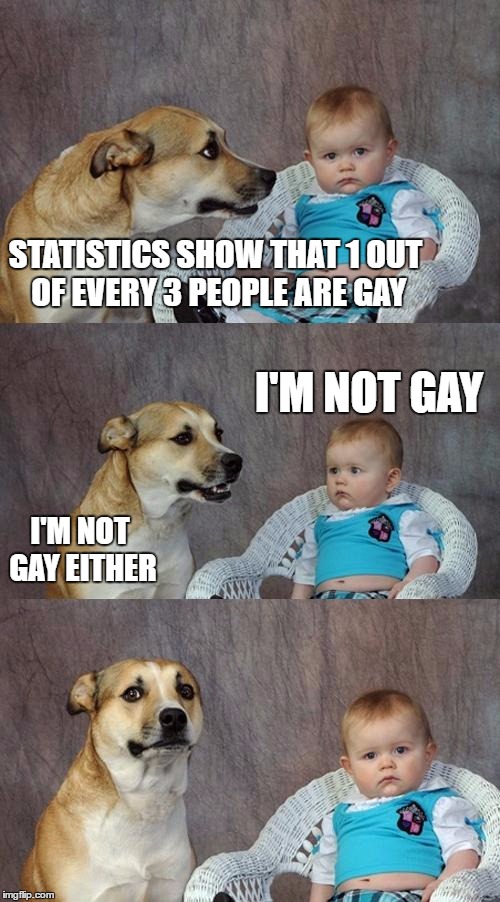 Dad Joke Dog Meme | STATISTICS SHOW THAT 1 OUT OF EVERY 3 PEOPLE ARE GAY; I'M NOT GAY; I'M NOT GAY EITHER | image tagged in memes,dad joke dog | made w/ Imgflip meme maker