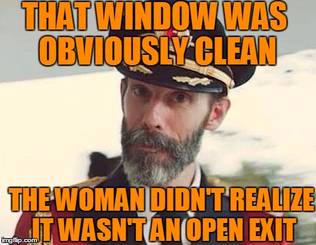 Captain Obvious | THAT WINDOW WAS OBVIOUSLY CLEAN THE WOMAN DIDN'T REALIZE IT WASN'T AN OPEN EXIT | image tagged in captain obvious | made w/ Imgflip meme maker