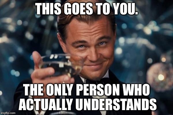 Leonardo Dicaprio Cheers Meme | THIS GOES TO YOU. THE ONLY PERSON WHO ACTUALLY UNDERSTANDS | image tagged in memes,leonardo dicaprio cheers | made w/ Imgflip meme maker