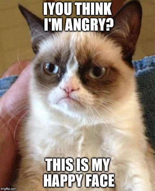 Grumpy Cat Meme | IYOU THINK I'M ANGRY? THIS IS MY HAPPY FACE | image tagged in memes,grumpy cat | made w/ Imgflip meme maker