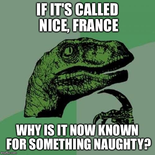 Philosoraptor Meme | IF IT'S CALLED NICE, FRANCE; WHY IS IT NOW KNOWN FOR SOMETHING NAUGHTY? | image tagged in memes,philosoraptor | made w/ Imgflip meme maker