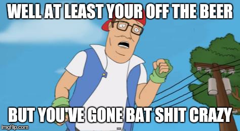pokemon hank hill | WELL AT LEAST YOUR OFF THE BEER; BUT YOU'VE GONE BAT SHIT CRAZY | image tagged in pokemon hank hill | made w/ Imgflip meme maker
