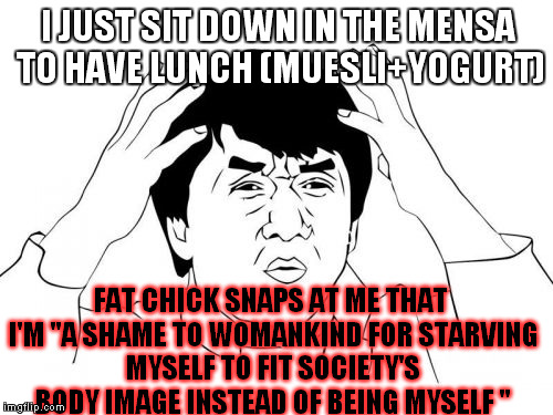 Every time I read stories like this, I think 'fake', now it happened to me...maybe i just like yogurt...? | I JUST SIT DOWN IN THE MENSA TO HAVE LUNCH (MUESLI+YOGURT); FAT CHICK SNAPS AT ME THAT I'M "A SHAME TO WOMANKIND FOR STARVING MYSELF TO FIT SOCIETY'S BODY IMAGE INSTEAD OF BEING MYSELF " | image tagged in memes,jackie chan wtf | made w/ Imgflip meme maker