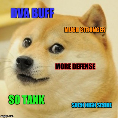 Doge | DVA BUFF; MUCH STRONGER; MORE DEFENSE; SO TANK; SUCH HIGH SCORE | image tagged in memes,doge | made w/ Imgflip meme maker