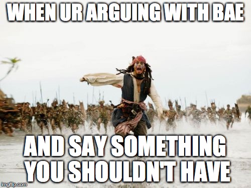 Jack Sparrow Being Chased Meme | WHEN UR ARGUING WITH BAE; AND SAY SOMETHING YOU SHOULDN'T HAVE | image tagged in memes,jack sparrow being chased | made w/ Imgflip meme maker