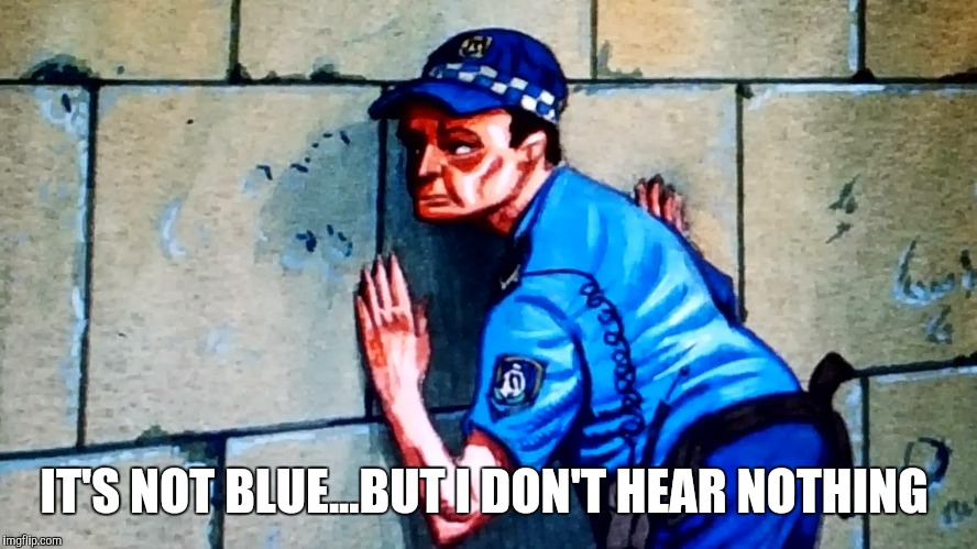 BLUE WALL OF SILENCE | IT'S NOT BLUE...BUT I DON'T HEAR NOTHING | image tagged in cops,blue wall,scandal,investigate,black lives matter | made w/ Imgflip meme maker
