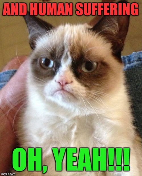 Grumpy Cat Meme | AND HUMAN SUFFERING OH, YEAH!!! | image tagged in memes,grumpy cat | made w/ Imgflip meme maker