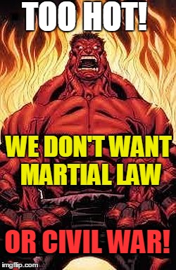 TOO HOT! WE DON'T WANT MARTIAL LAW OR CIVIL WAR! | image tagged in red hulk | made w/ Imgflip meme maker