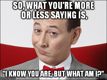 Skeptical Pee Wee Herman | SO, WHAT YOU'RE MORE OR LESS SAYING IS, "I KNOW YOU ARE, BUT WHAT AM I?" | image tagged in skeptical pee wee herman | made w/ Imgflip meme maker