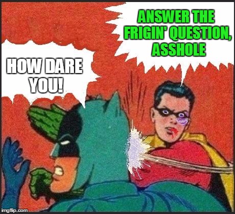 Robin slaps | ANSWER THE FRIGIN' QUESTION,  ASSHOLE HOW DARE YOU! | image tagged in robin slaps | made w/ Imgflip meme maker