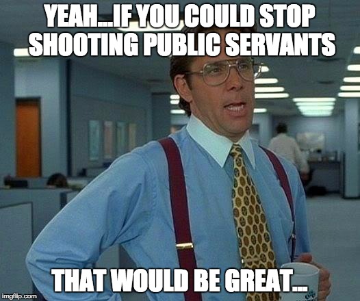 everybody just calm. down. | YEAH...IF YOU COULD STOP SHOOTING PUBLIC SERVANTS; THAT WOULD BE GREAT... | image tagged in memes,that would be great,cops,shooting | made w/ Imgflip meme maker