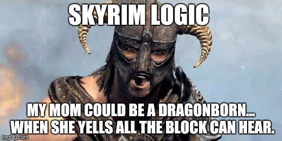 Skyrim | SKYRIM LOGIC; MY MOM COULD BE A DRAGONBORN... WHEN SHE YELLS ALL THE BLOCK CAN HEAR. | image tagged in skyrim | made w/ Imgflip meme maker