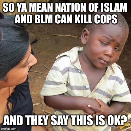 Third World Skeptical Kid Meme | SO YA MEAN NATION OF ISLAM AND BLM CAN KILL COPS AND THEY SAY THIS IS OK? | image tagged in memes,third world skeptical kid | made w/ Imgflip meme maker