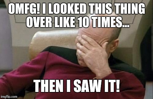 Captain Picard Facepalm Meme | OMFG! I LOOKED THIS THING OVER LIKE 10 TIMES... THEN I SAW IT! | image tagged in memes,captain picard facepalm | made w/ Imgflip meme maker