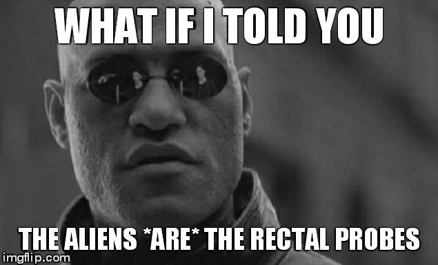 Matrix Morpheus Meme | WHAT IF I TOLD YOU THE ALIENS *ARE* THE RECTAL PROBES | image tagged in memes,matrix morpheus | made w/ Imgflip meme maker