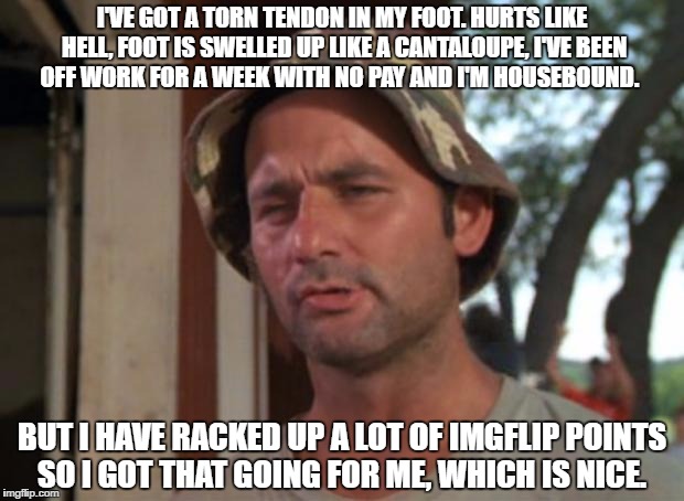 So I Got That Goin For Me Which Is Nice | I'VE GOT A TORN TENDON IN MY FOOT. HURTS LIKE HELL, FOOT IS SWELLED UP LIKE A CANTALOUPE, I'VE BEEN OFF WORK FOR A WEEK WITH NO PAY AND I'M HOUSEBOUND. BUT I HAVE RACKED UP A LOT OF IMGFLIP POINTS SO I GOT THAT GOING FOR ME, WHICH IS NICE. | image tagged in memes,so i got that goin for me which is nice | made w/ Imgflip meme maker