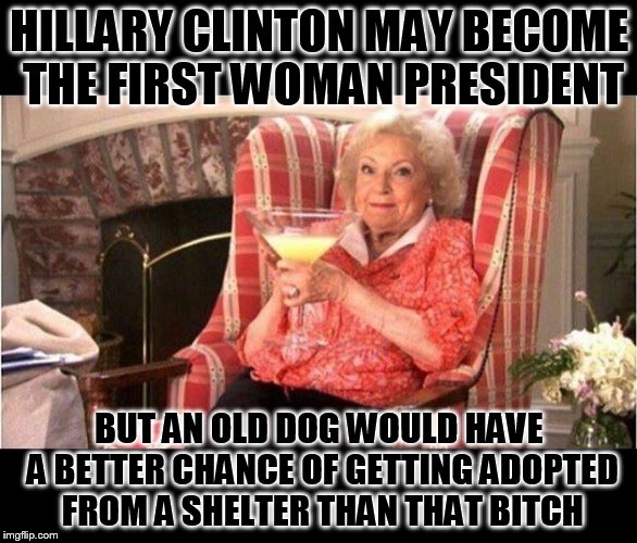 Betty White on Hillary Clinton | HILLARY CLINTON MAY BECOME THE FIRST WOMAN PRESIDENT; BUT AN OLD DOG WOULD HAVE A BETTER CHANCE OF GETTING ADOPTED FROM A SHELTER THAN THAT BITCH | image tagged in betty white on hillary clinton | made w/ Imgflip meme maker