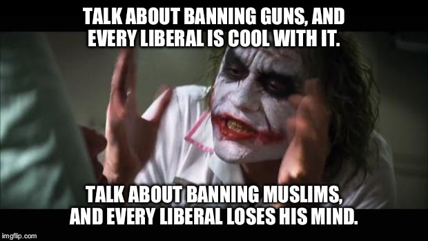 And everybody loses their minds Meme | TALK ABOUT BANNING GUNS, AND EVERY LIBERAL IS COOL WITH IT. TALK ABOUT BANNING MUSLIMS, AND EVERY LIBERAL LOSES HIS MIND. | image tagged in memes,and everybody loses their minds | made w/ Imgflip meme maker