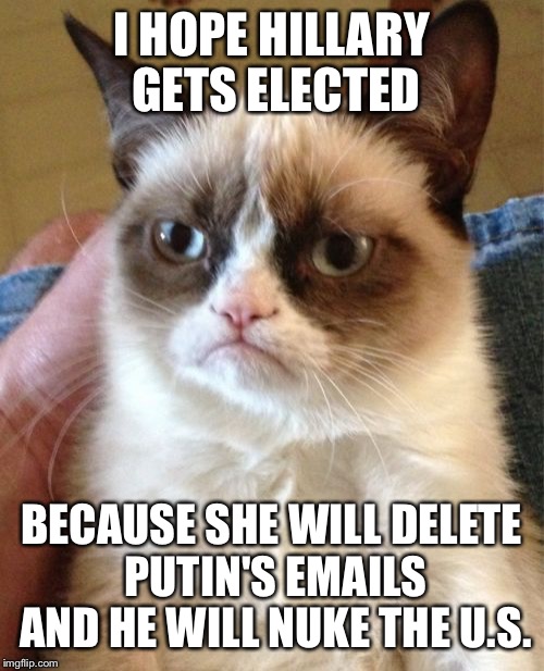 Grumpy Cat Meme |  I HOPE HILLARY GETS ELECTED; BECAUSE SHE WILL DELETE PUTIN'S EMAILS AND HE WILL NUKE THE U.S. | image tagged in memes,grumpy cat | made w/ Imgflip meme maker