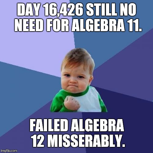 Success Kid Meme | DAY 16,426 STILL NO NEED FOR ALGEBRA 11. FAILED ALGEBRA 12 MISSERABLY. | image tagged in memes,success kid | made w/ Imgflip meme maker