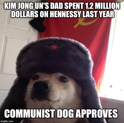 Communist dog | KIM JONG UN'S DAD SPENT 1.2 MILLION DOLLARS ON HENNESSY LAST YEAR; COMMUNIST DOG APPROVES | image tagged in communist dog | made w/ Imgflip meme maker